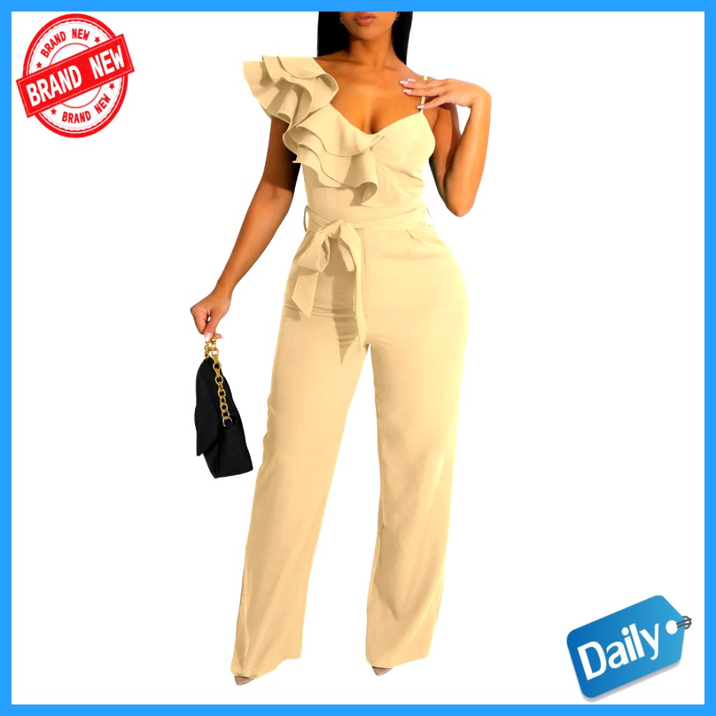 Sleeveless V-Neck Jumpsuit With Ruffle Backless Belted Wide Leg Pants